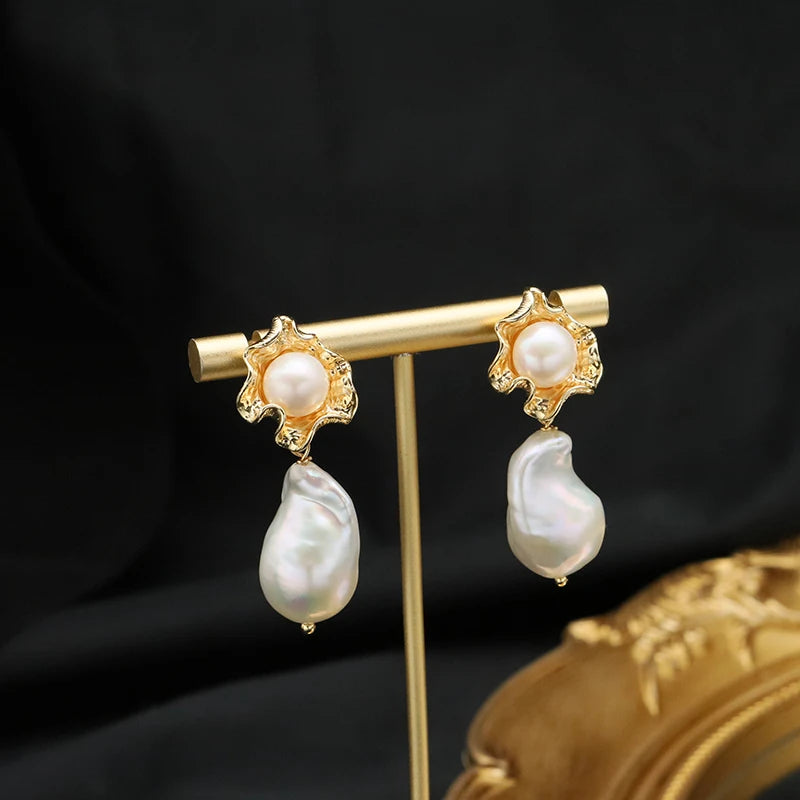 Baroque Nature Pearl Drop Earrings Handmade Precious Stone Korean Style Personality Trendy Jewely for Woman Party