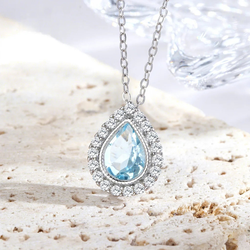 S925 Sterling Silver Blue Teardrop Pendant Necklace Women Niche Designer Piece Blue Topaz Cross Chain Trendy Elegant Perfect