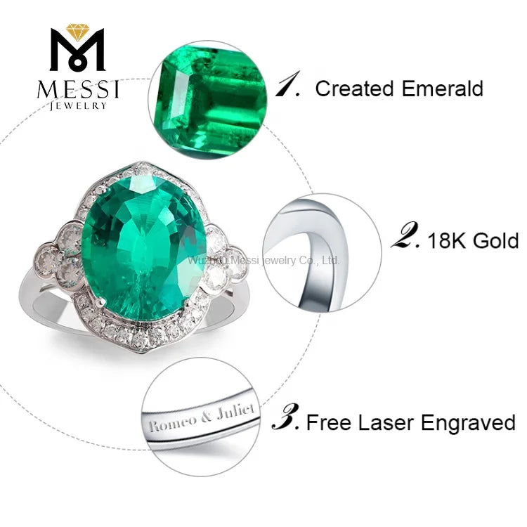 Gemfiori Messi Jewelry Antique Rings Emerald and Moissanite 14k 18k White Gold Jewelry for Woman Engagement Wedding halo Ring