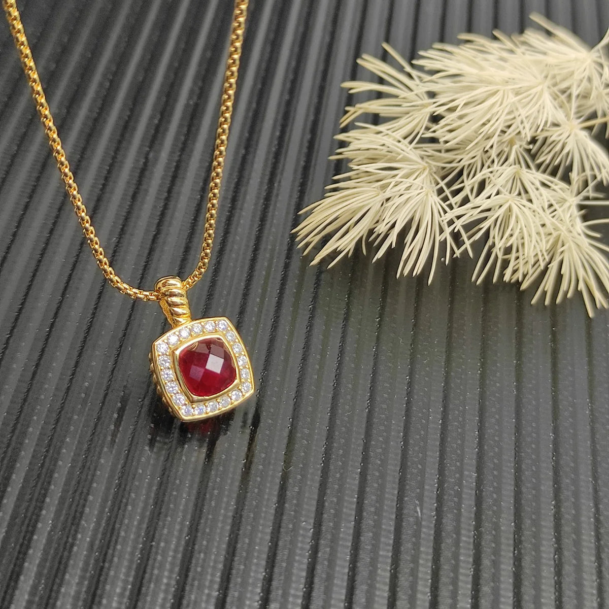 Gemfiori FASHIONISTA DY High-Quality Silver-Plated 7mm Square Diamond Necklace. Gold-Plated 7mm Colored Gemstone Necklace. Jewelry.