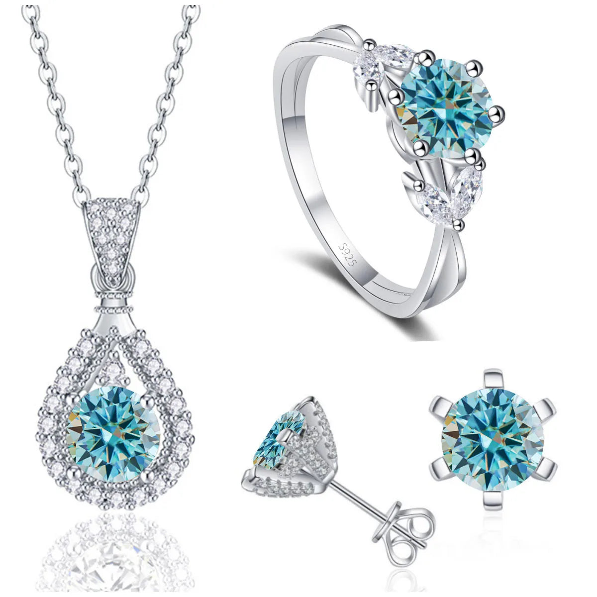 REDheart Fine 925 Sterling Silver Women's Wedding Bridal Jewellery Set Round Cut VVS Colored Moissanite Rings Necklace and Earrings Set