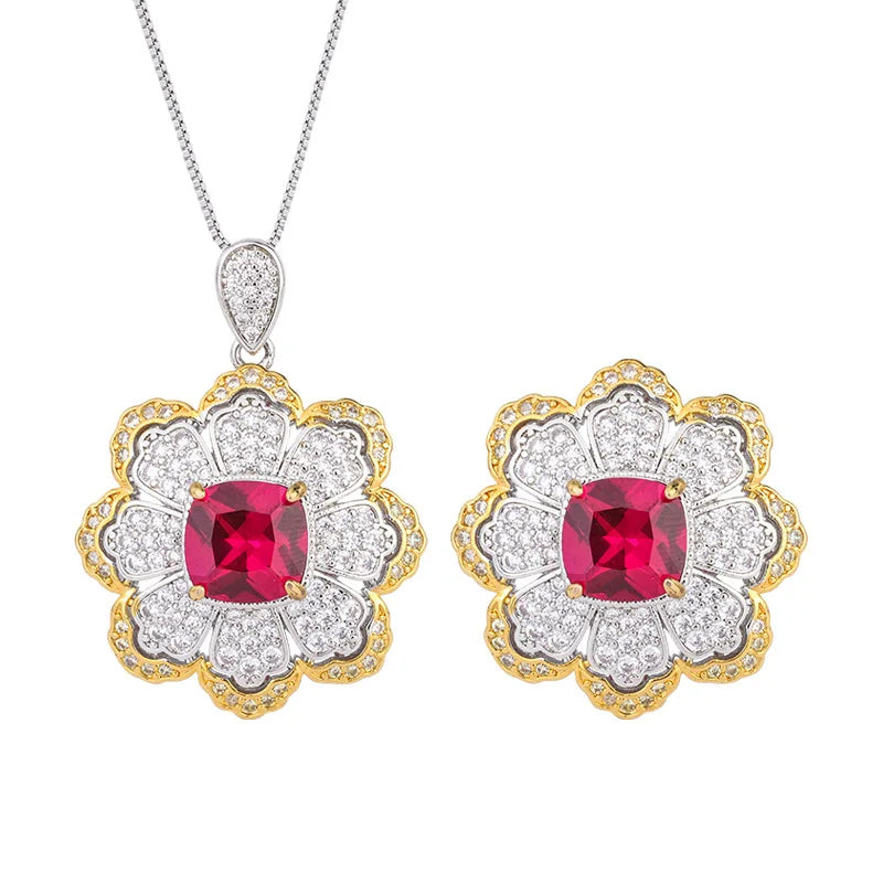Gemfiori Super Flash Color Treasure Light Luxury Premium Pomegranate Red Pendant Ring Set Cold Style Charm Jewelry