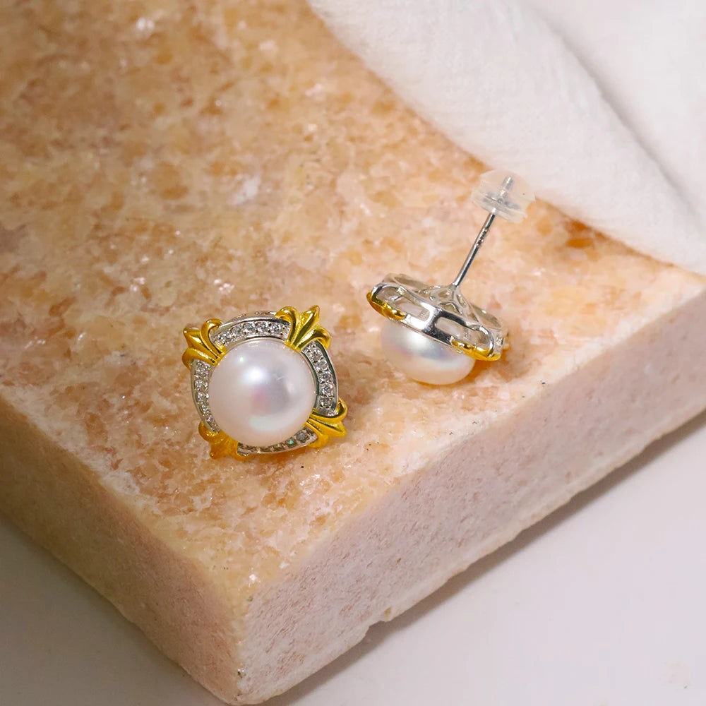 Natural Freshwater Pearl Round Flower Shaped 925 Silver Earrings for Women Korean Classic Vintage Fashion Jewelry Earrings