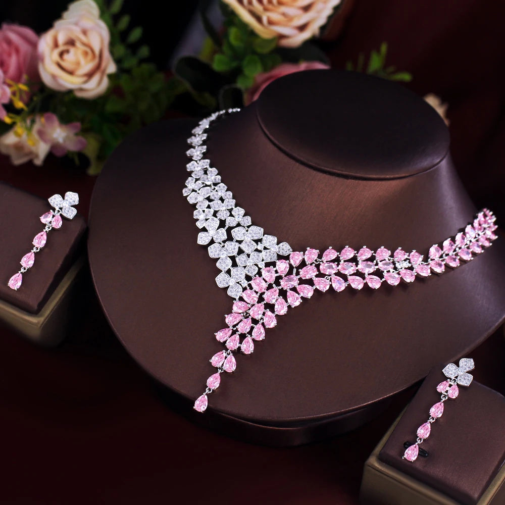 Elegant Shimmering Pink White Water Drop Cubic Zircon Long Earrings and Necklace Bridal Wedding Party Jewelry Set for Women