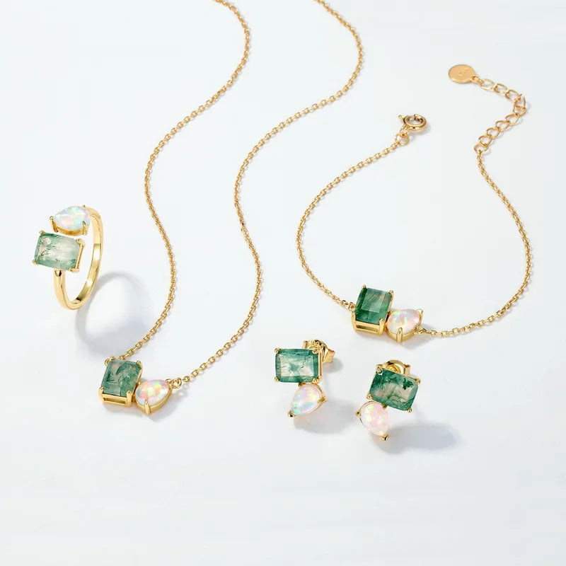 925 Sterling Silver Natural Moss Agate Opal Jewelry Set 14K Gold Plated Emerald Cut Jewelry Set for Women