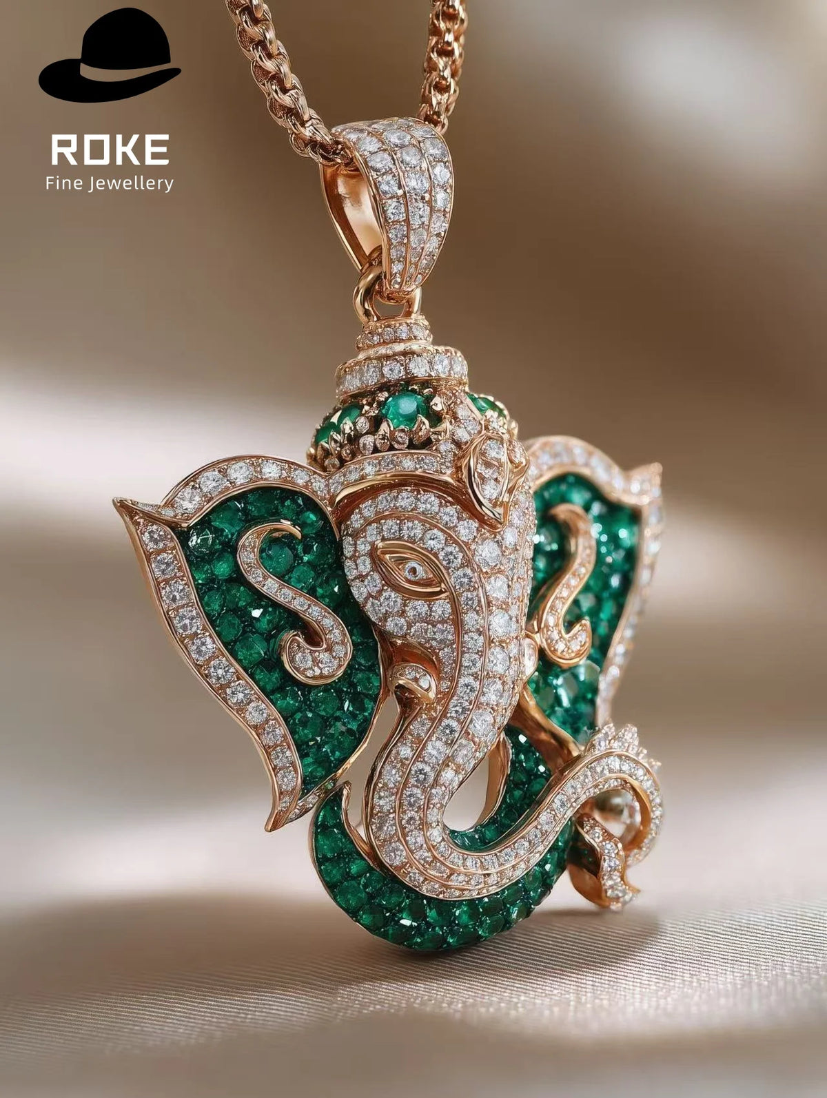 Luxury Ganesha Pendant 9K-18K Gold W/ Tsavorite & Lab Diamonds - IGI Certified Cultural Jewelry
