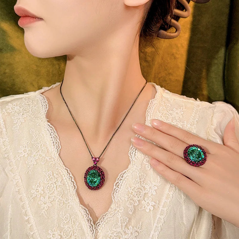REDheart Copper Alloy Inlaid Zircon Open Ring Bird's Nest Cut Black Gray Premium Gold Plated Wedding Party Pendant Necklace Set