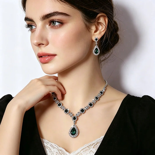 XM S372 Platinum Plated Princess Cut Zircon Floral Teardrop Pendant Necklace & Earrings Bridal Set