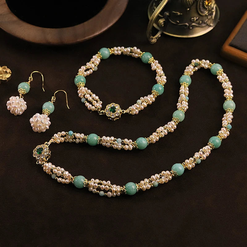 GLSEEVO Natural Freshwater Pearl & Green Stone Jewelry Set | Necklace & Bracelet | GS0241 | SASSARRI Collection