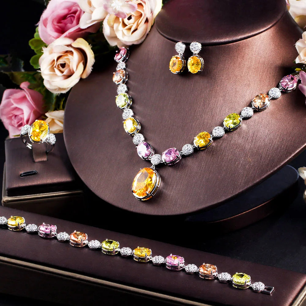 4pcs Luxury Jewelry Set Shiny Multi Color Yellow Oval Cubic Zircon Adjustable Ring Necklace Bracelet Earring for Women Wedding