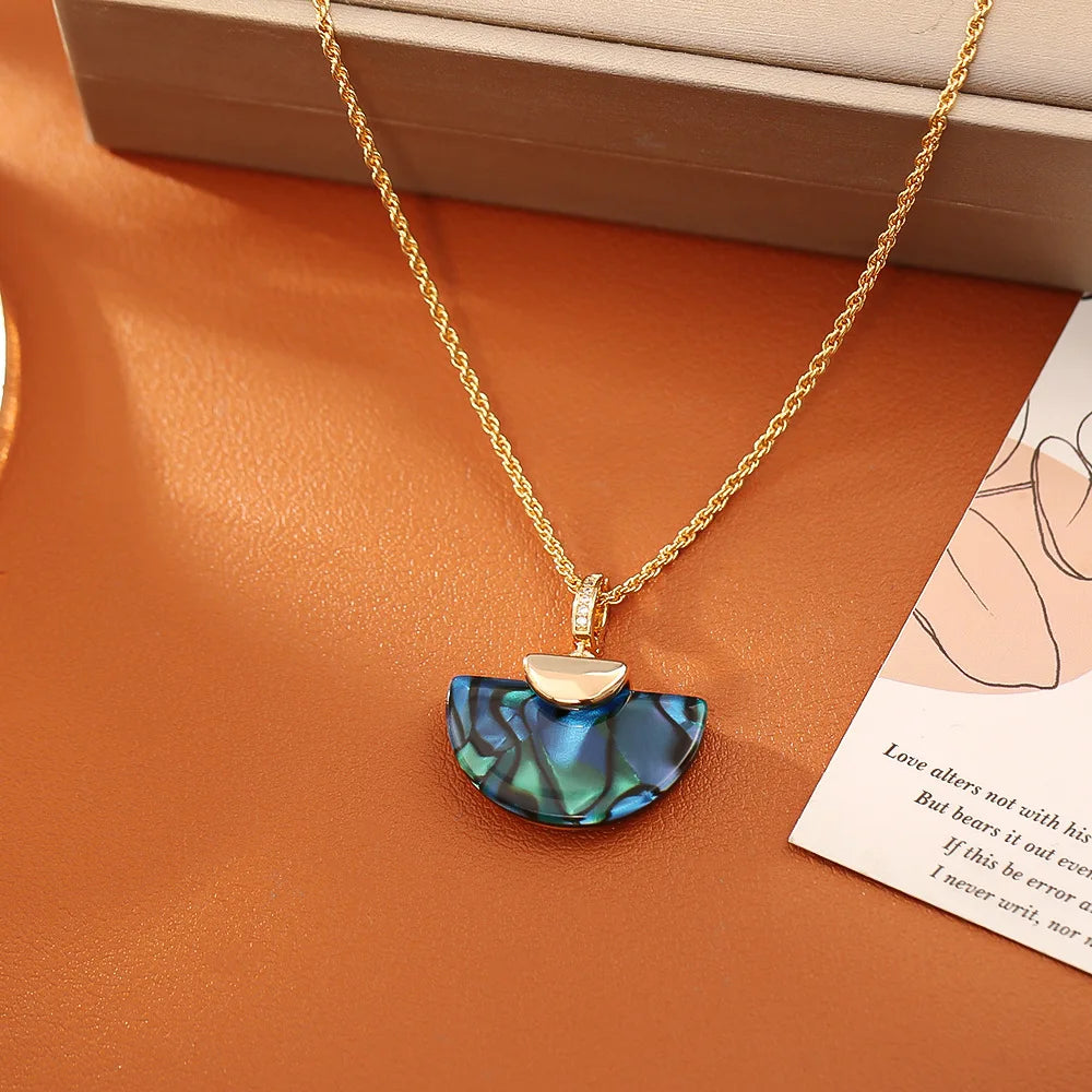 Mother-of-Pearl Shell Pendant Necklace & Earrings | Real Gold Plated Copper Collarbone Chain | Blue, Coffee & Red