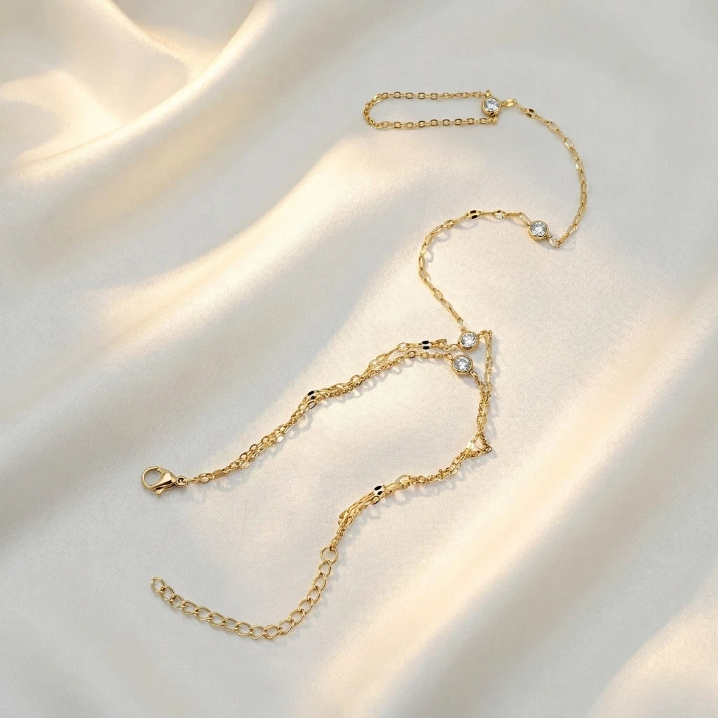 Layered O Link Chain Cubic Zirconia Finger Bracelet  Gold Plated Stainless Steel Hand Chain Minimalist Luxury Jewelry Women