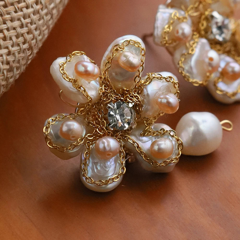 Natural Baroque Pearl Petal Flower Earrings for Women Korean Classic Vintage Fashion Jewelry Earrings GE1594