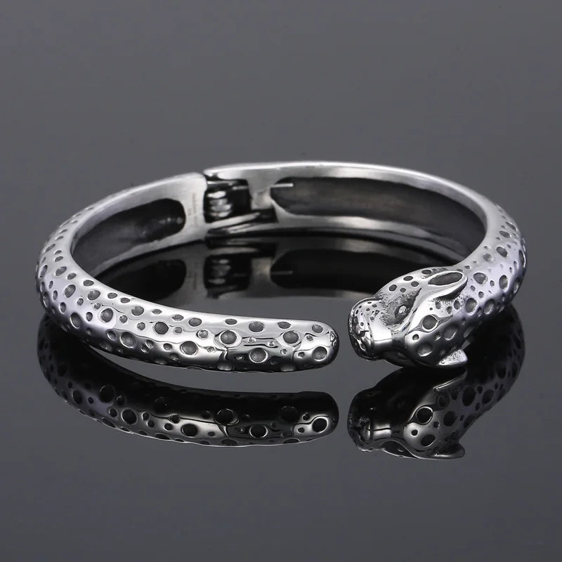 REBEL Unisex Fashion Stainless Steel Leopard Head Charms Open Cuff Bangle Bracelet