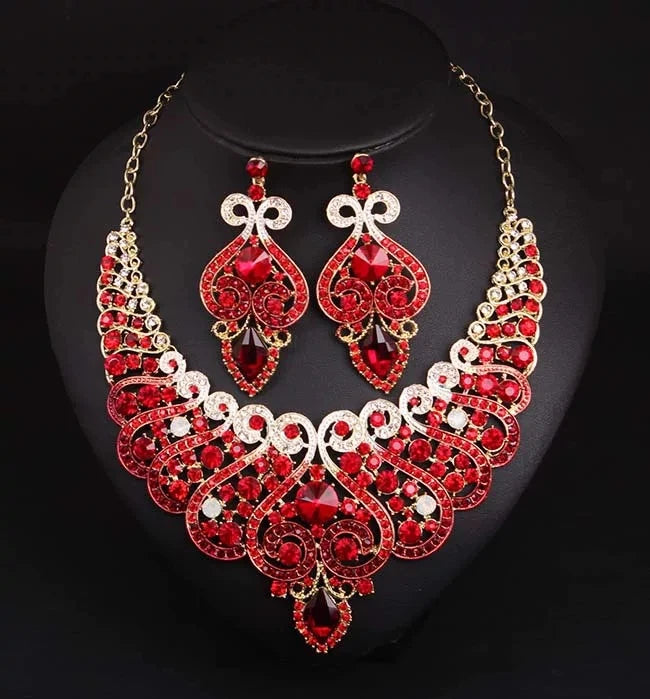 Luxury Princess-Cut Zirconia & Pearl Floral Statement Necklace & Drop Earrings Bridal Set — Gold Plated
