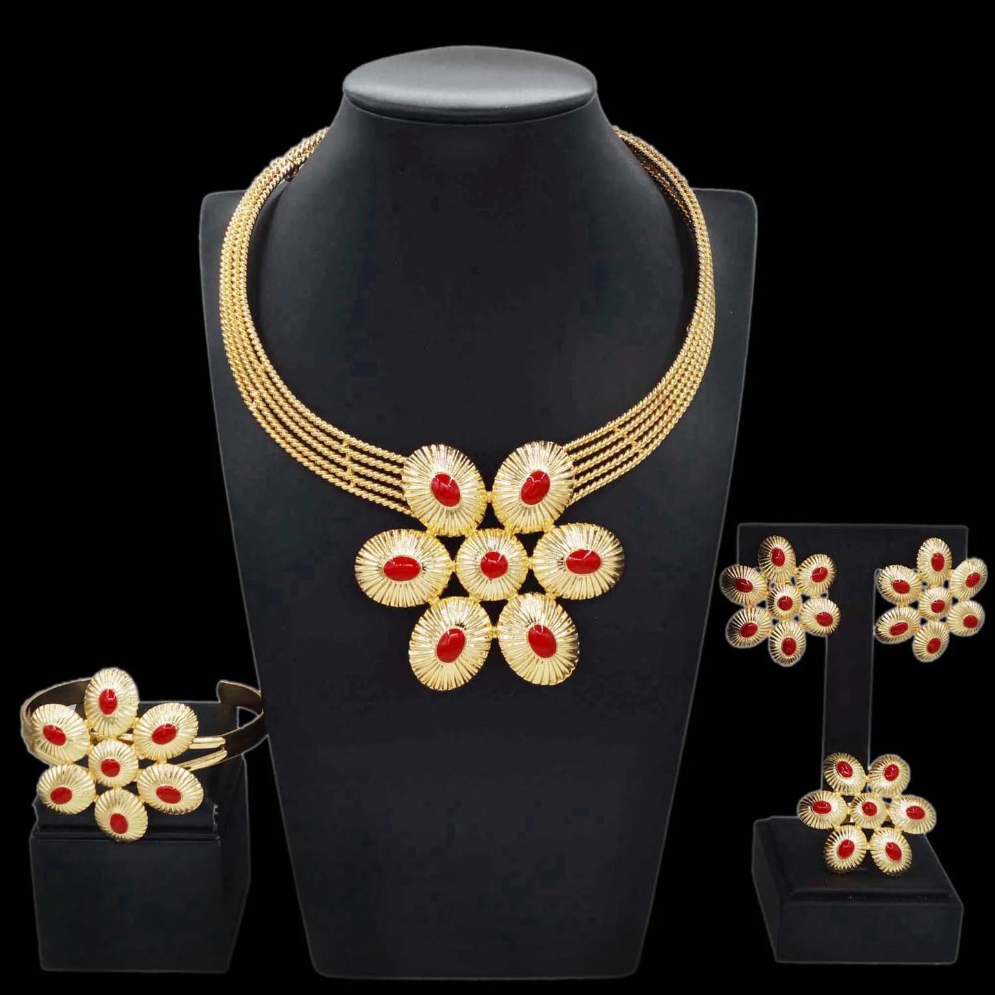 Zhuerrui Electroplated Jewelry Women's Jewelry Set Read Oval Bead NecklaceJewelry Sets Available Bridal Accessories HA20044