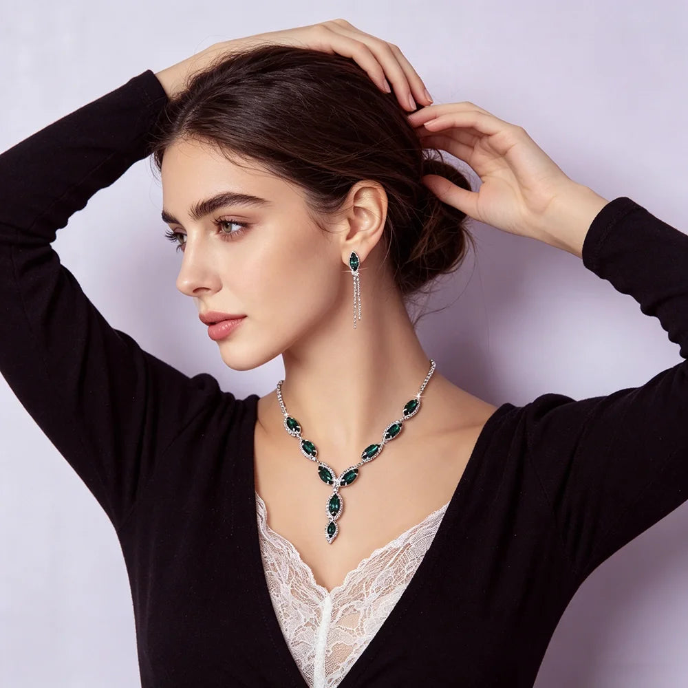 XM S375 Silver Plated Marquise Cut Zircon Floral Statement Necklace & Tassel Drop Earrings Set