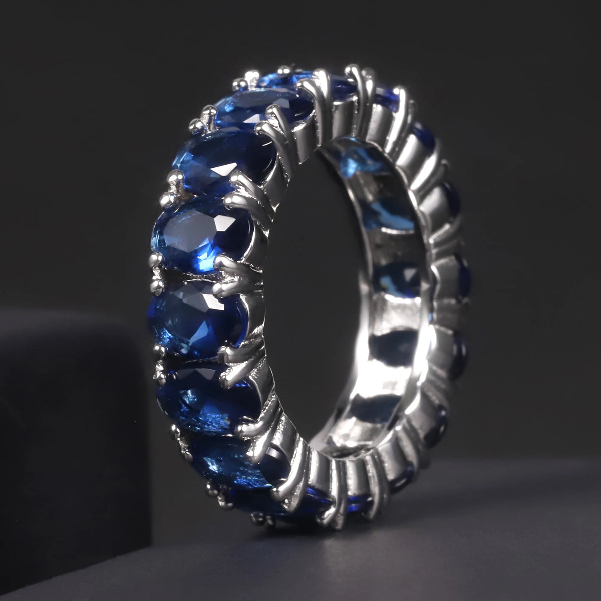 ArtistA C7530 Abiding Oval 4*6MM Colored Gemstone Eternity Band Glass Blue Sapphire Emerald Cubic Zirconia 925 Silver Band Ring