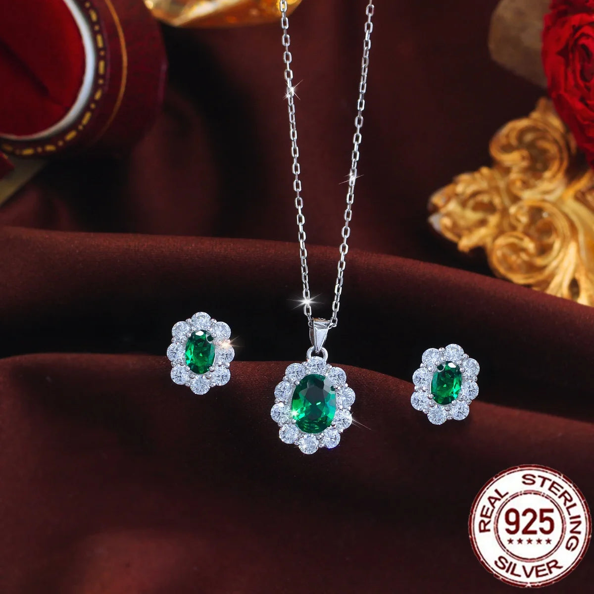 925 Sterling Silver Green Oval CZ Jewelry Set Rhodium Plated Flower Pendant Necklace Stud Earrings Bridal Wedding Engagement