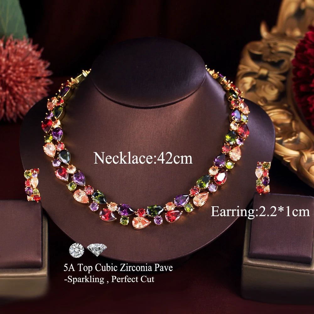 Super Gorgeous Gold Plated Cubic Zircon Necklace and Earrings Mona Lisa Colorful Wedding Jewelry Set for Women Party