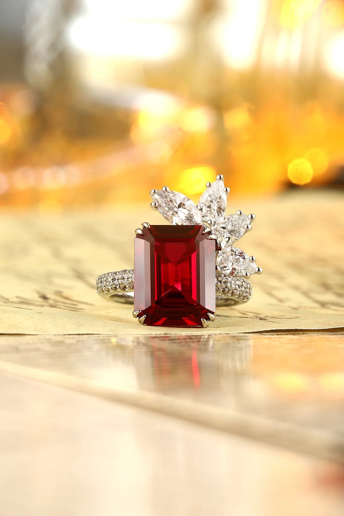 Gemfiori 8.62ct Lab Grown Pigeon Blood Ruby High End Ring Is Certified by AGL Suitable for Daily Wear Silver Luxury Lab Ruby Ring