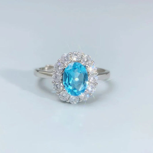 S&S Natural Swiss Blue Topaz Ring – 925 Sterling Silver – CZ Halo – Rhodium Plated – Collection
