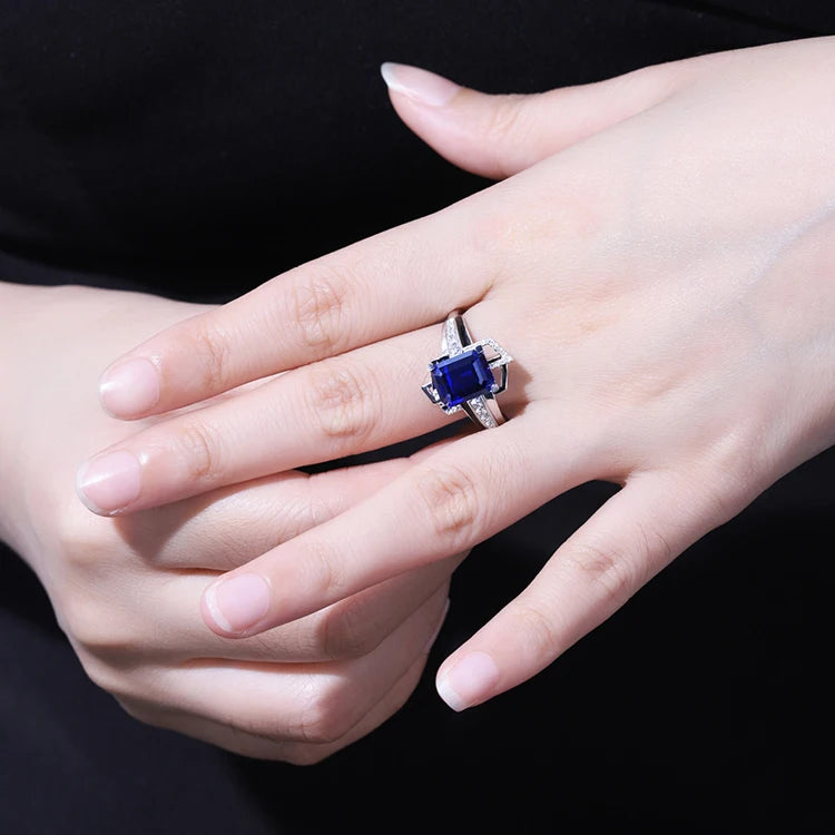 Gemfiori Anster 18K Gold Wedding Ring with 10ct Sapphire Gemstone Big Emerald Cut Butterfly Designs Blue Sapphire Stone Fine Rings