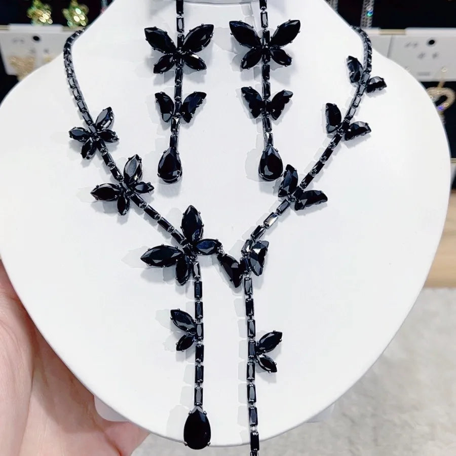 K029 High End Fashion Luxurious Exquisite Black Zircon Butterfly Necklace and Earrings Set Women Classic Jewelry Set