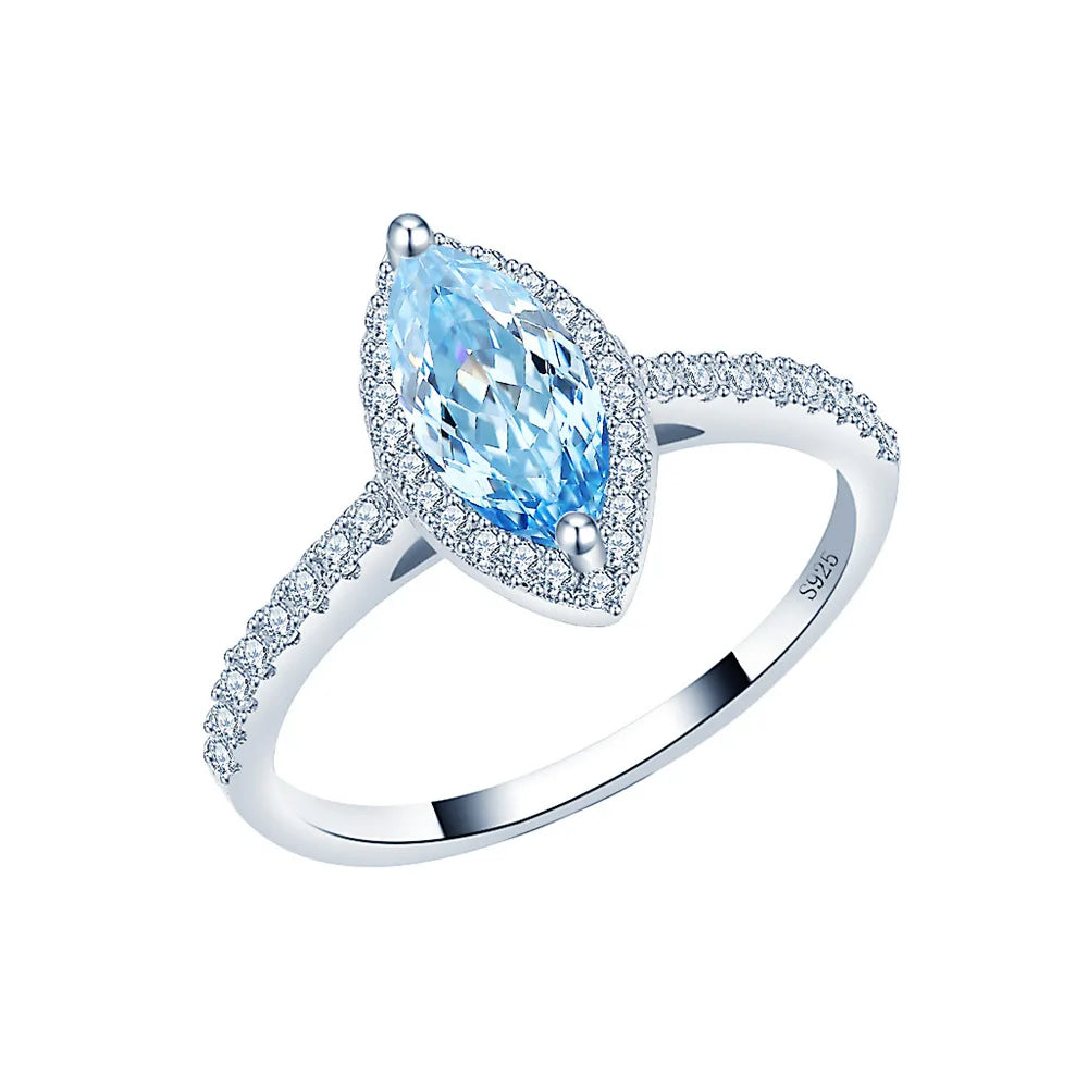 MuShan Jewelry Factory New 5 * 10 Horse Eye Sea Blue Diamond Ring Women High Carbon Diamond S925 Pure Silver Full Diamond Ring