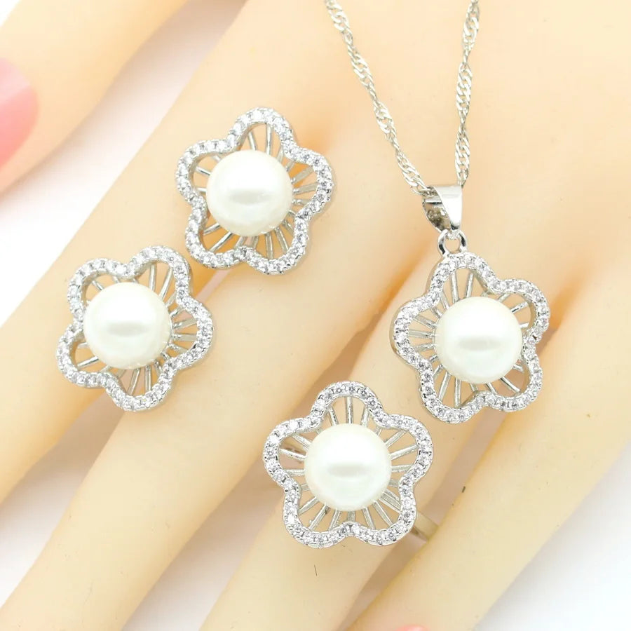 XOTICA 2023 New White Pearl Bridal Jewelry Set for Women Includes Earrings Necklace Pendant Ring for Wedding Party Christmas Gift Idea