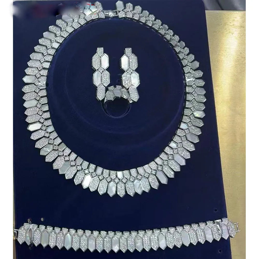 Middle Eastern Luxury Gold Jewelry Set with White Shell Black Agate Cubic Zirconia Chocker Necklace Earring Ring Bracelet Sets