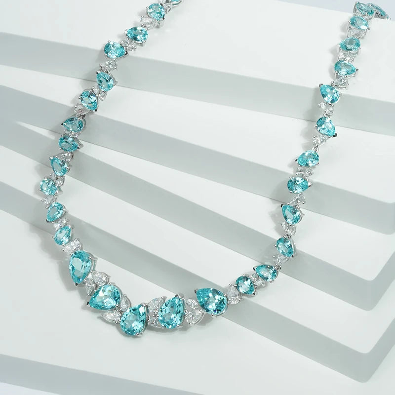Luxury Blue Gemstone Necklaces Jewelry 14K Solid Gold Paraiba Color Lab Sapphire Gemstone with DFE Moissanite Necklace