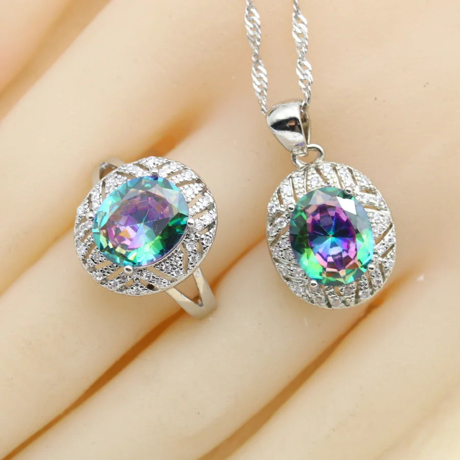 XOTICA 925 Silver Jewelry Sets for Women Rainbow Zirconia Bracelet Earrings Rings Necklace Pendant with Clip for Wedding Party Gift