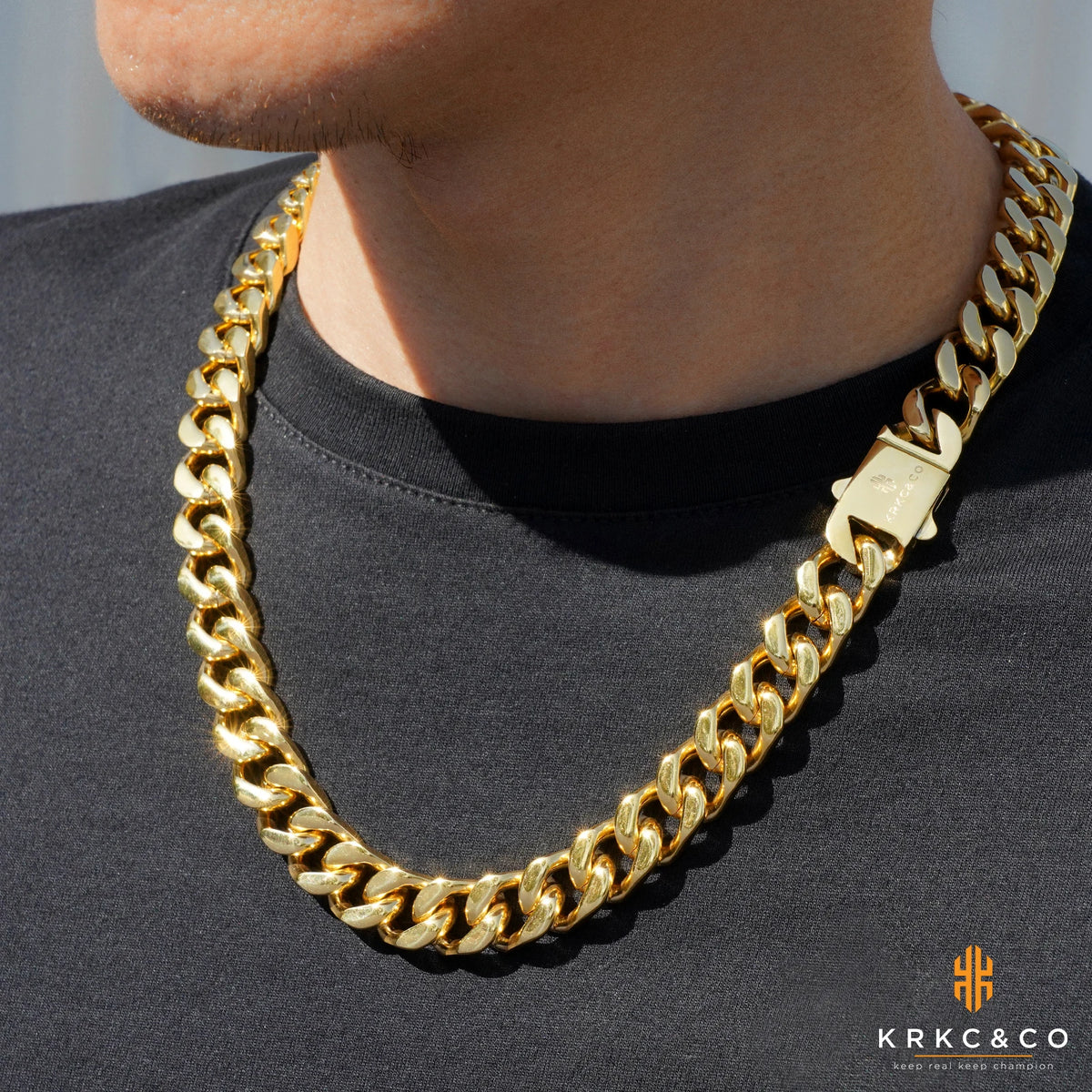 REBEL 14mm Chunky Curb Link 18K Real Gold Plated Stainless Steel Thick Bracelets Hip Hop Jewelry Miami Cuban Chain Necklace for Men