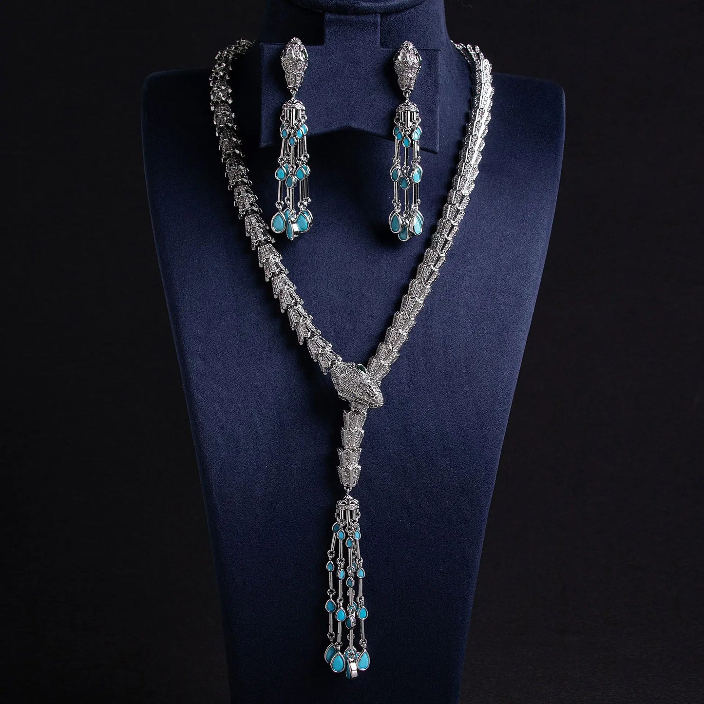 Luxury Pear-Cut Zirconia Snake Tassel Necklace & Earrings Bridal Set — Rhodium Plated