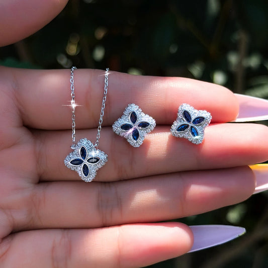 925 Sterling Silver Marquise Cut Blue CZ Halo Necklace Earrings Sparkling Lucky Four Leaf Clover Jewelry Set for Daily Wear