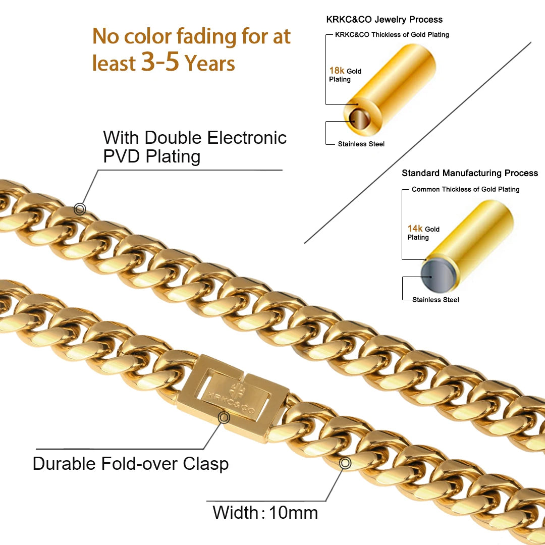 KRKC Drop Shipping RTS Stock Low MOQ 10mm 18-26inch 18K Gold Plated Stainless Steel Miami Cuban Link Chain Necklace Wholesale
