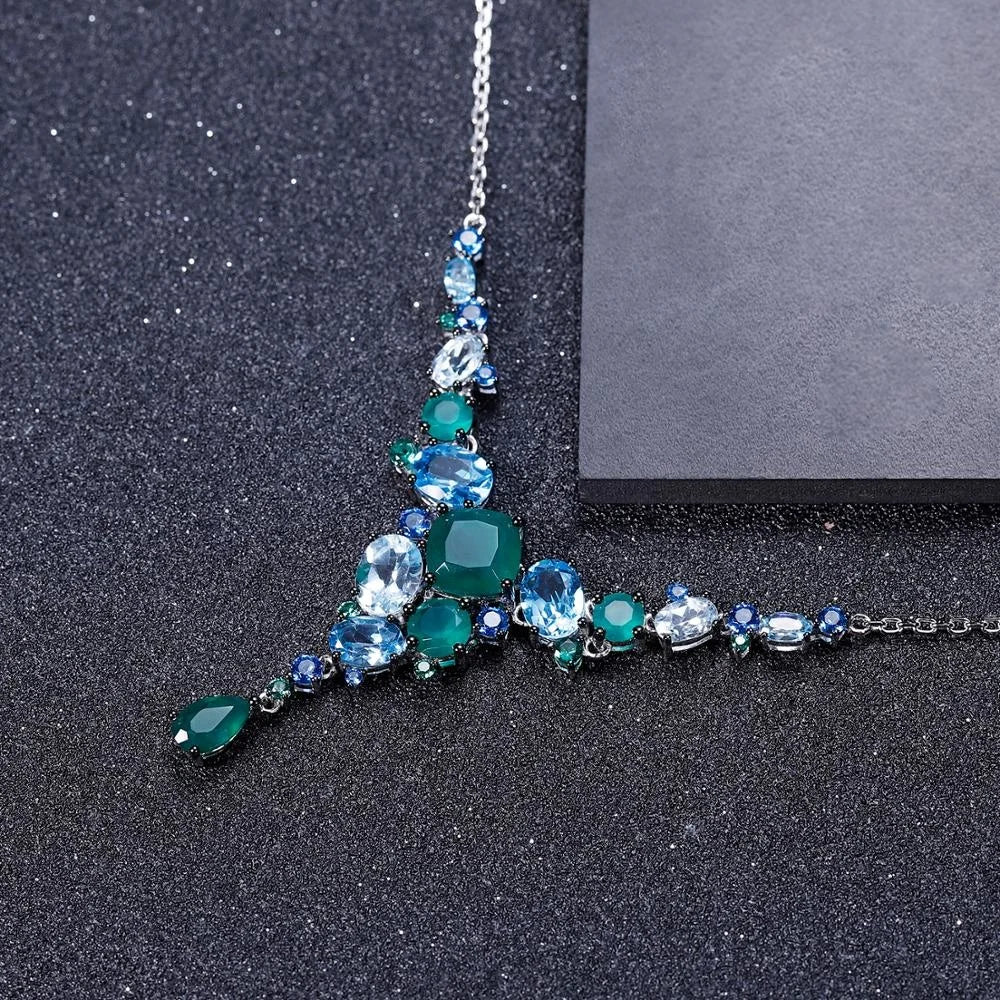 ArtistA Abiding Luxury Cluster Setting Silver Natural Green Agate Blue Topaz Multi-Stone Y-Necklace Ring and Dangle Drop Earrings Set