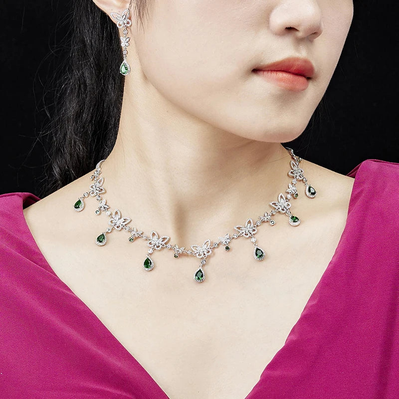 Brass Plated Gold Inlaid Zircon Colorful butterfly Necklace Earrings Bracelet Women's Banquet High-end Suit