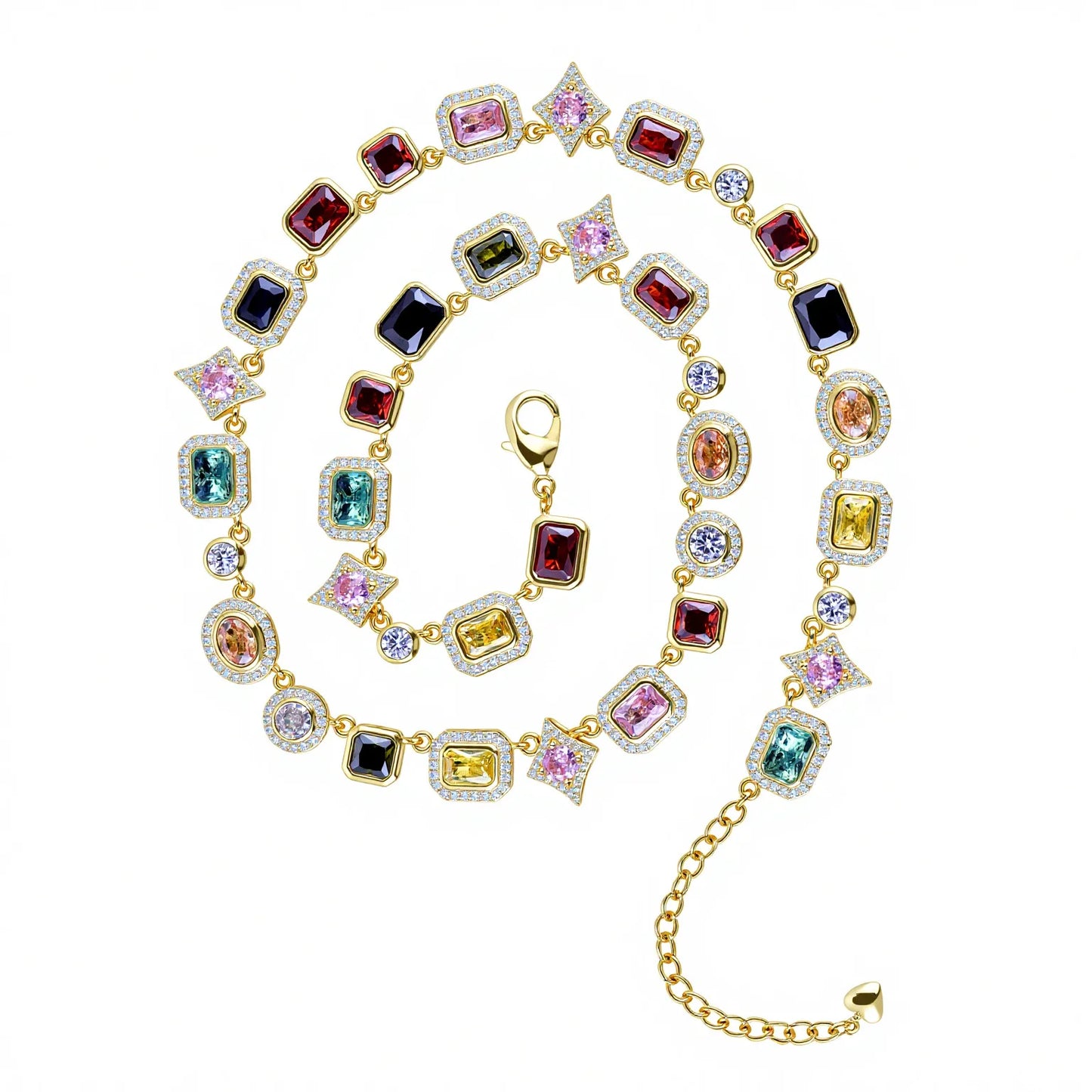 Luxury Multi-colored Zircon Gemstone Tennis Necklace Fashion Geometric Cubic Zirconia Hip-Hop Necklace