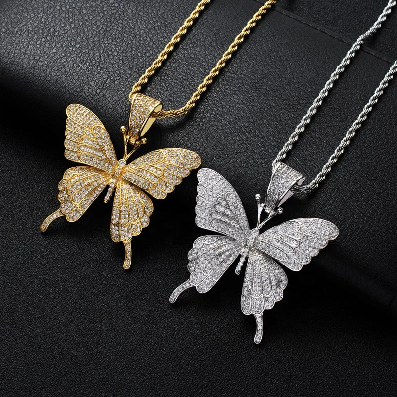 S&S Iced Out CZ Butterfly Pendant Necklace | Gold & Silver | Hip-Hop Jewellery