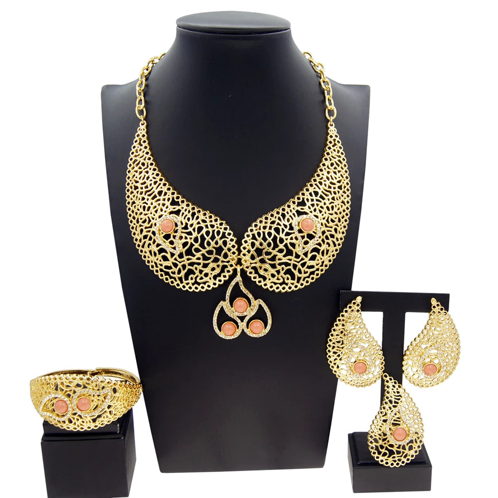 Zhuerrui Exquisite High End Collar Italian Gold Designer Jewelry Sets Music Symbol Pendant Bracelet Earring Ring Jewelry H00550