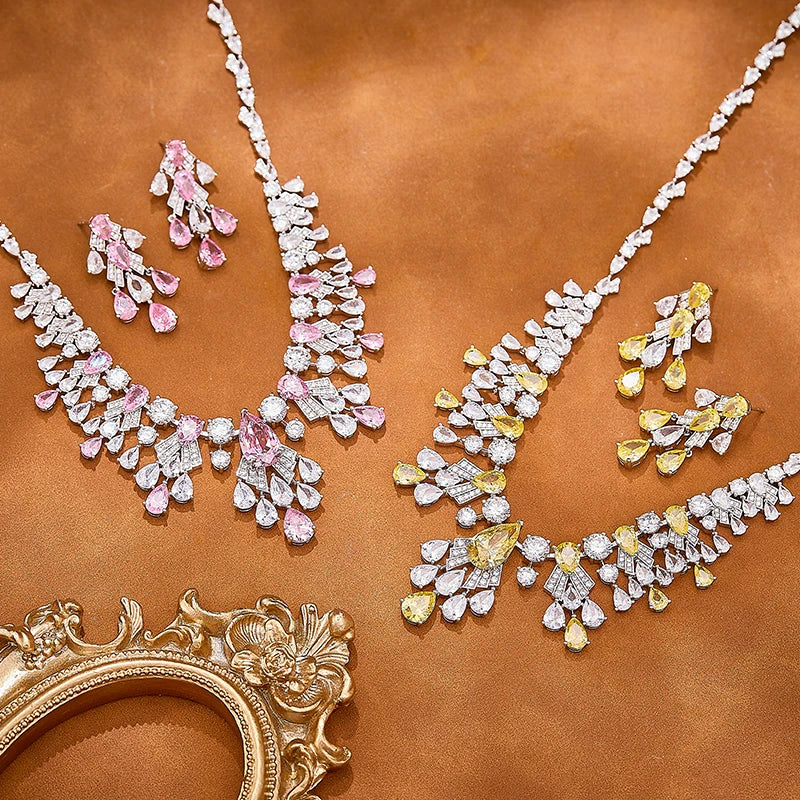 High Quality Pear Shaped Cut Yellow pink Zircon Necklace Earrings 2-piece Set Brass Saudi Wedding Banquet Jewelry