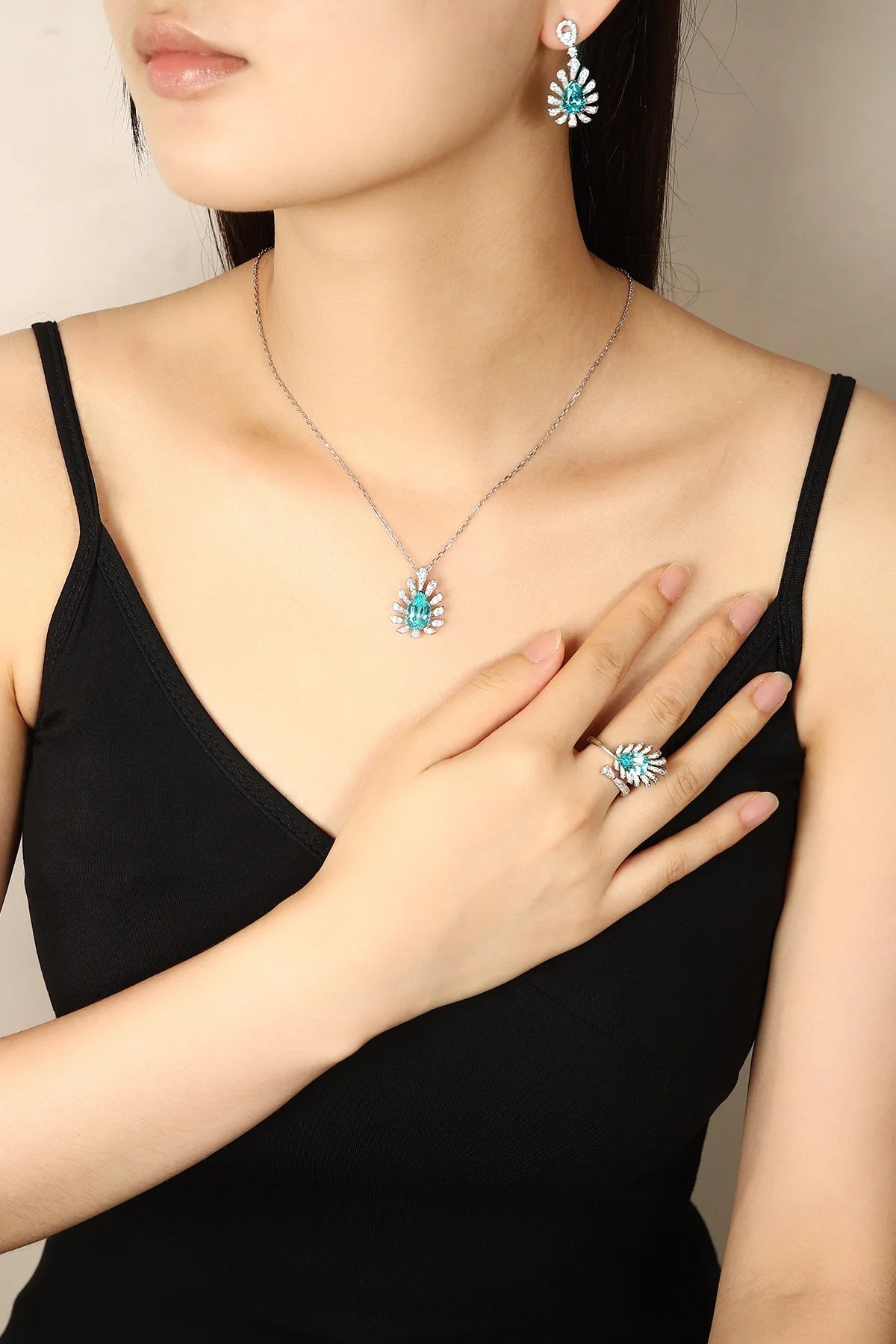 Gemfiori Exquisite 3PCS/Set Luxury Lab Grown Paraiba Bridal Jewelry Ring Necklace Earrings Fine Jewelry Sets for Engagement Wedding Party