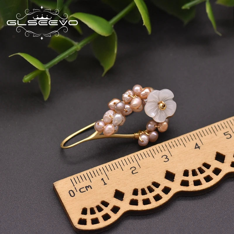 Fashion Natural Purple Pearl Drop Earrings for Women Luxury Jewelry Flower Shape Handmade Korean Earrings