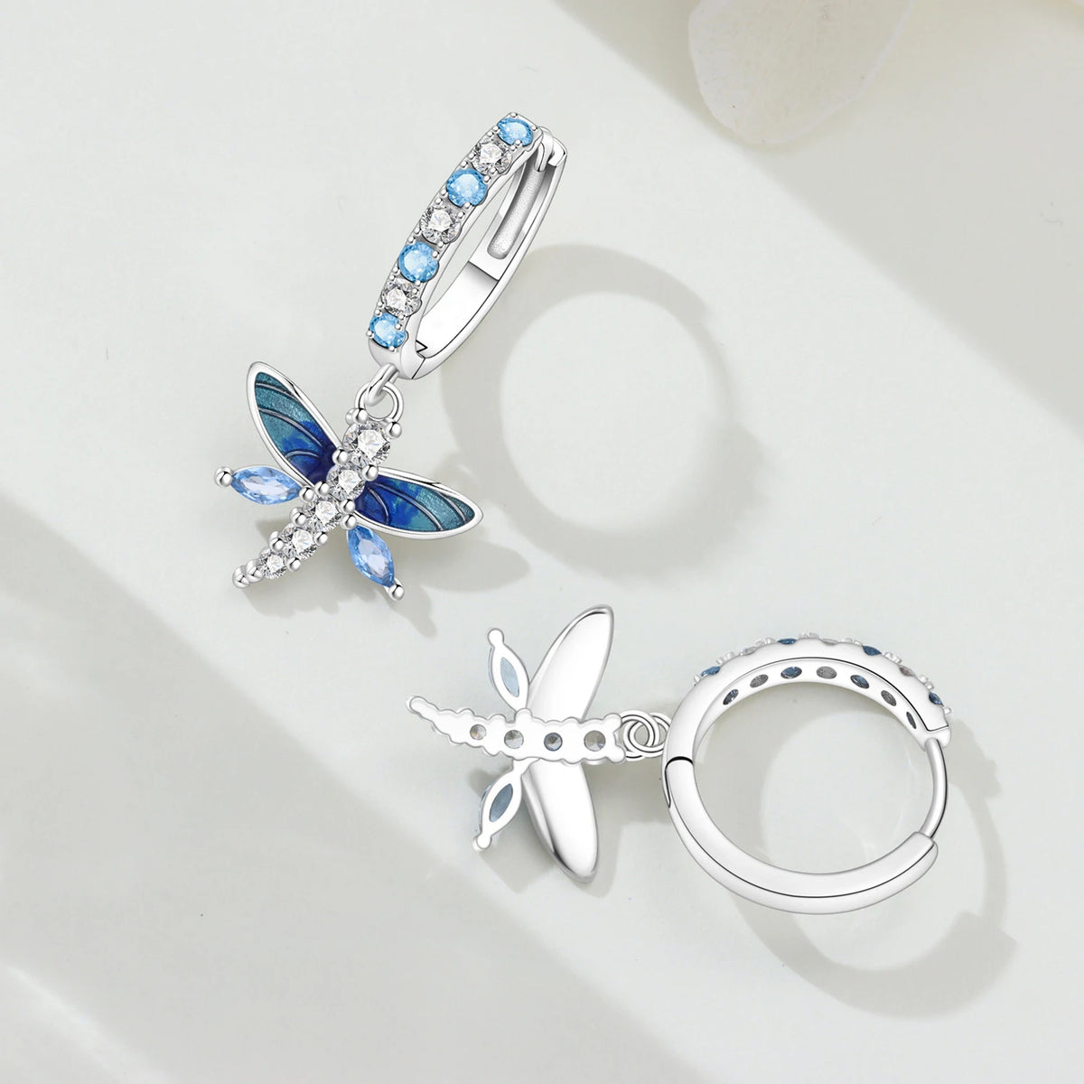 S&S Gradient Blue Enamel Dragonfly Drop Earrings – CZ Zircon – Collection