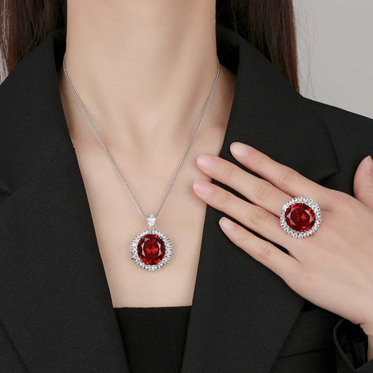 Gemfiori Elegant Oval Red Blue Zircon Pendant Necklace Adjustable Ring Cubic Zircon Jewelry Set