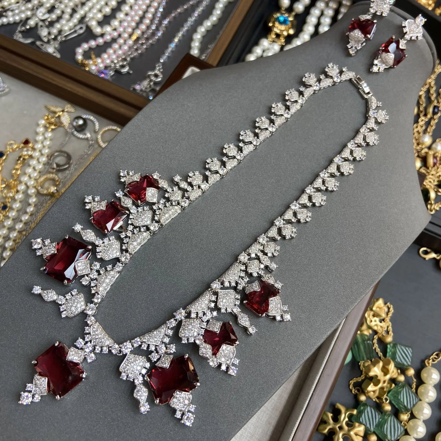 Luxury Princess-Cut Ruby Zirconia Claw-Set Necklace & Earrings Bridal Set — Rhodium Plated