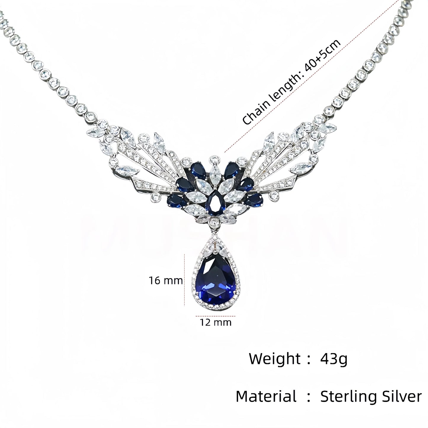 MUSHAN Luxury Rhodium Plated 925 Sterling Silver High Carbon Diamond Synthetic Sapphire Water Drop Shape Pendant Necklace