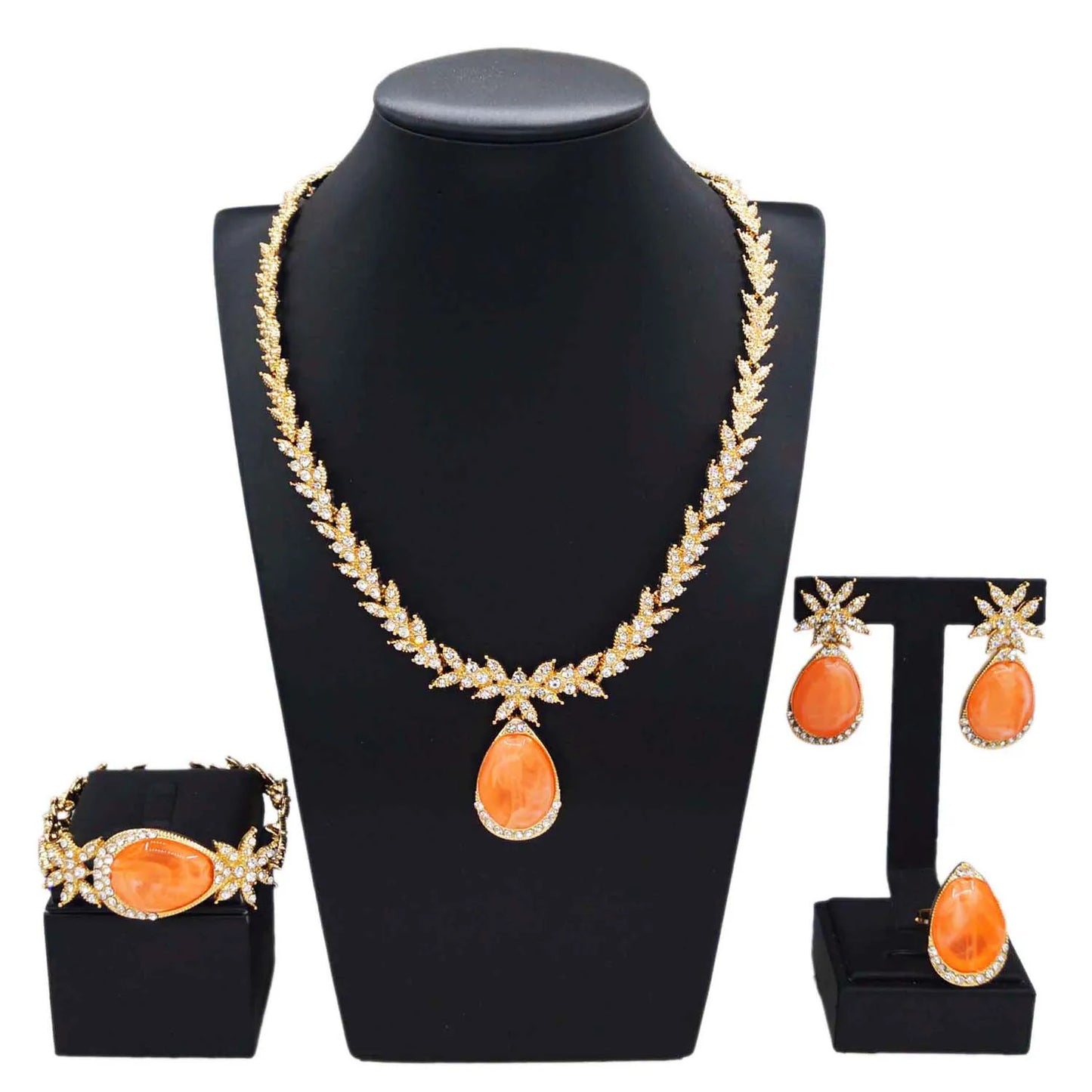 Zhuerrui Hot Selling Gold Jewelry Sets Silver Diamond Orange Drop Necklace Jewelry Set Simple Bridal Costume Pendant HC23229